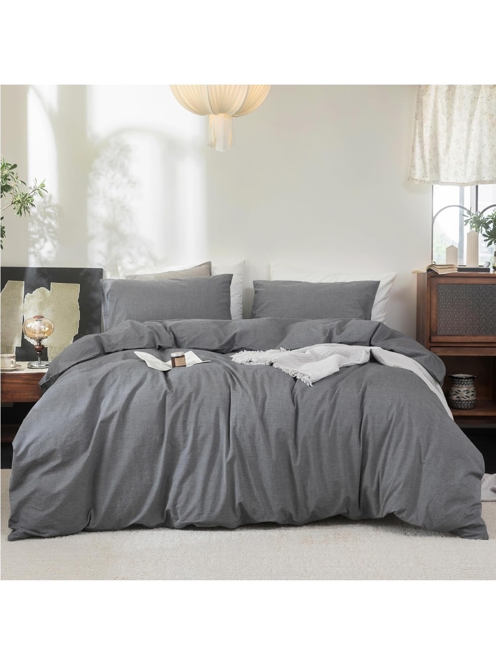 NEW FOSSA Duvet Cover Set 100% Washed Cotton Linen Feel 3 Pieces, Dark Grey King